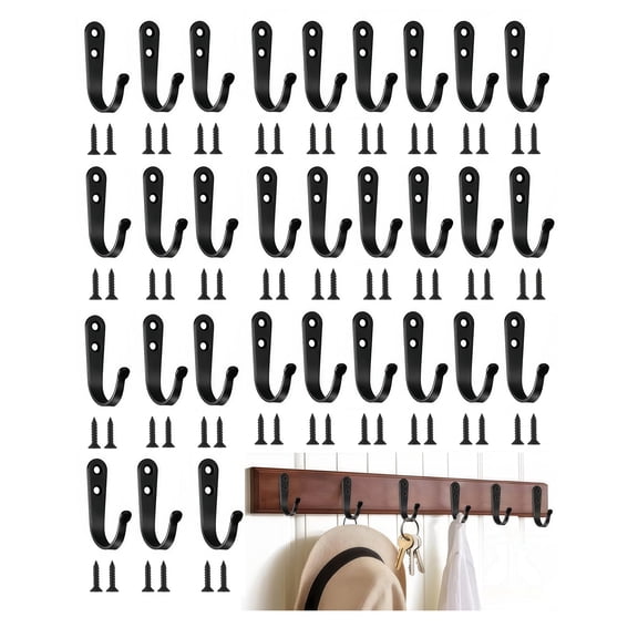 XINNAISI 30Pcs Heavy Duty Robe Hooks, Rustproof Metal Wall Mount Hangers, for Hanging Coats Towels Clothes, Black