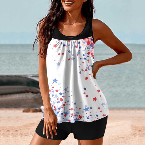 Nfurl Tankini Swimsuits for Women Trendy 4th of July Tankini Bathing Suits Tummy Control 2 Piece Bathing Suits Summer Beach Swimsuits White,Size L