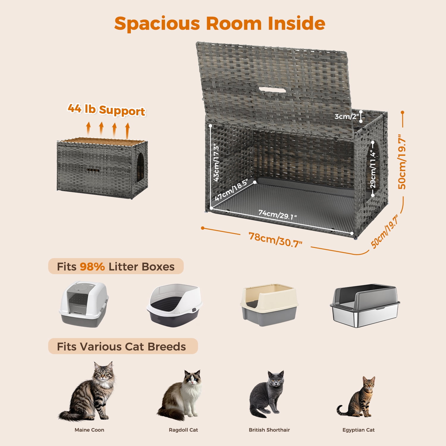 PEQULTI Rattan Cat Litter Box Enclosure Pet House with Taller Doorway for Large Cats Indoor Gray