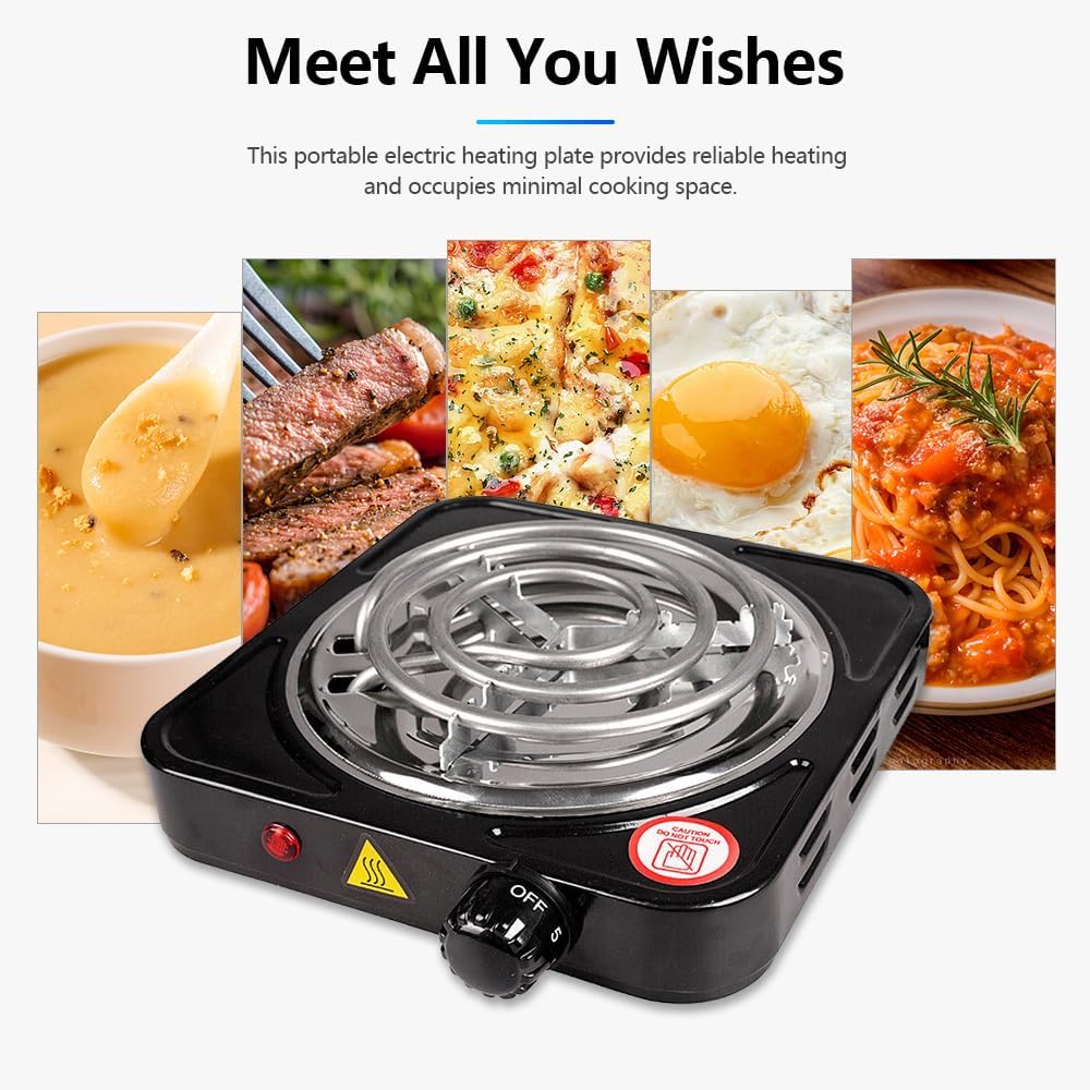 1000W Electric Single Burner, Portable Electric Hot Plate Cooktop Cookers, 5 Level Adjustable Temperature Stove Burner for Home Dorm Camping Cooking, Black