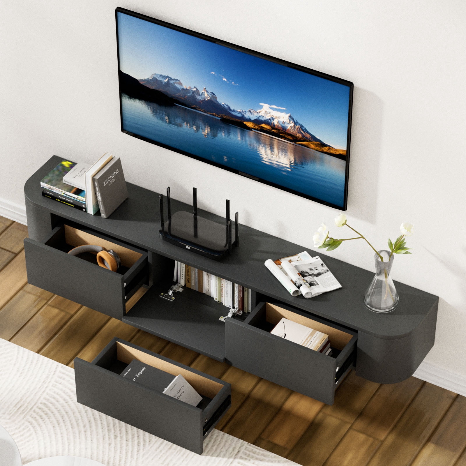 Wall Mounted Floating TV Stand Modern Media Console with 2 Drawers 1 Silent Door for Living Room Home Office (Black 140CM/55.1'')