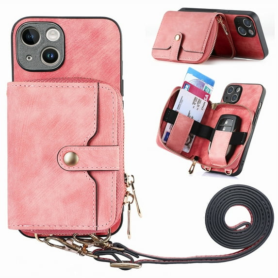 SaniMore for iPhone 14 (6.1 inch 2022) Case,Wear-resistant PU Leather Skin + Zipper Purse Card Slots Removeable Crossbody Lanyard Stand Shell Shockproof Anti-scratch Drop-resistant For iPhone 14, Pink