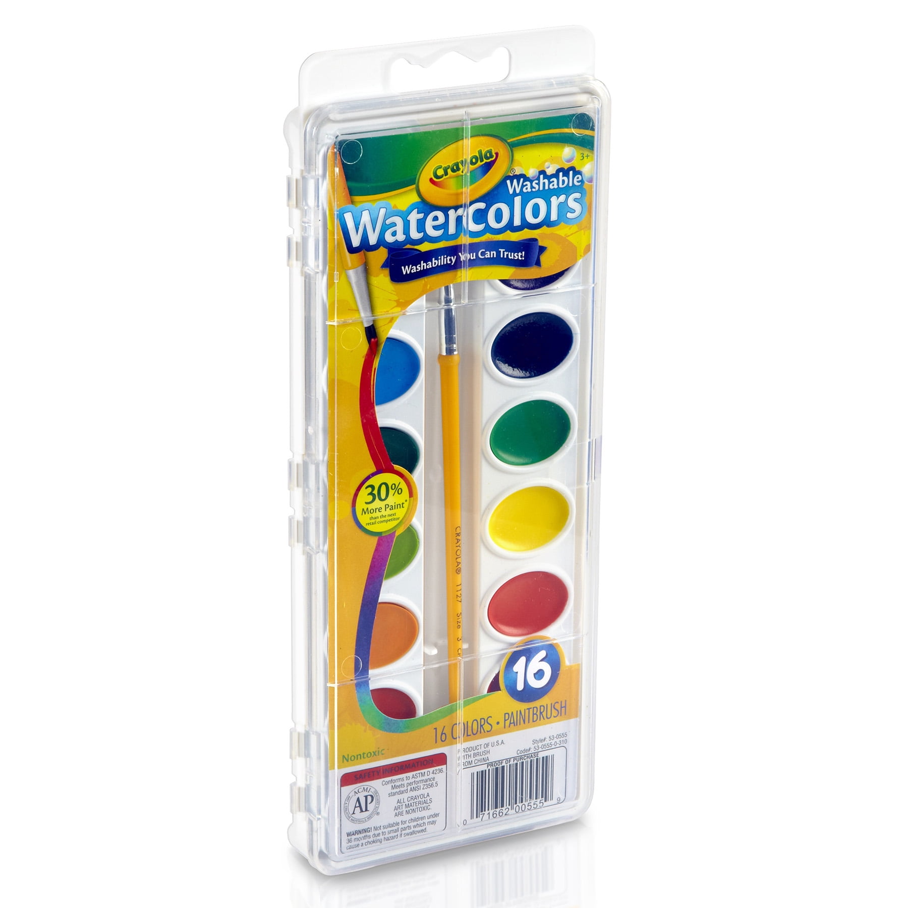 Crayola Washable Watercolors, 16 Semi-Moist Oval Pans & Brush, 6 Sets