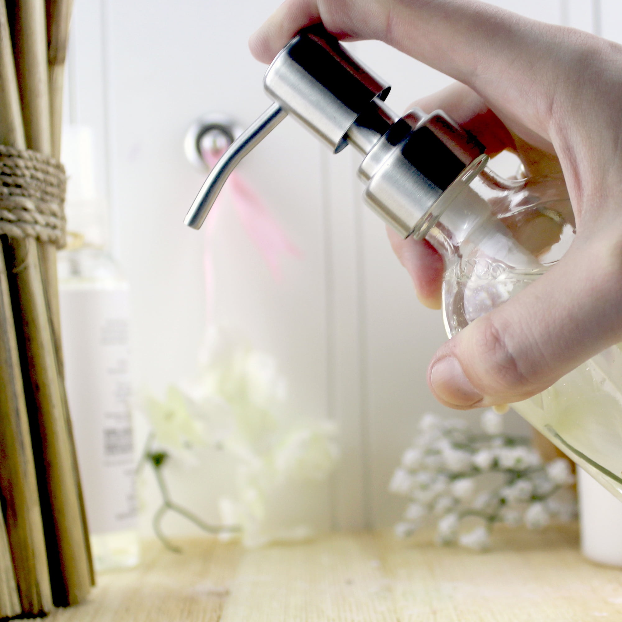Cornucopia Brands 8oz Clear Glass Bottles w/ Stainless Steel Lotion Pumps (4-Pack); Liquid Soap & Lotion Pump Dispensers