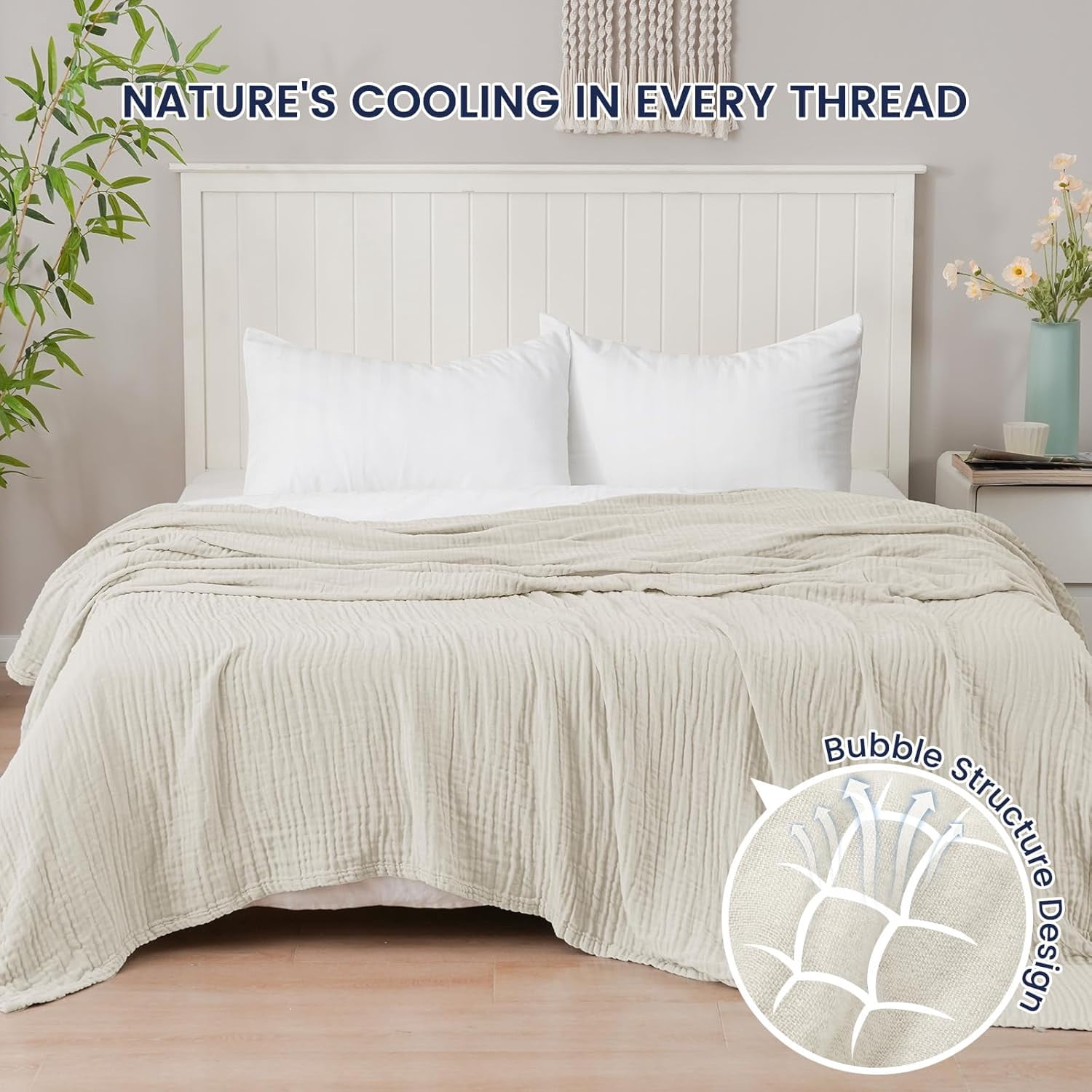 PHF Cooling Muslin Twin Blanket for Hot Sleepers, 4-Layer Breathable Bamboo Rayon & Cotton Gauze, Lightweight Summer Blanket for Bed or Couch, 66" x 90", Oat Milk