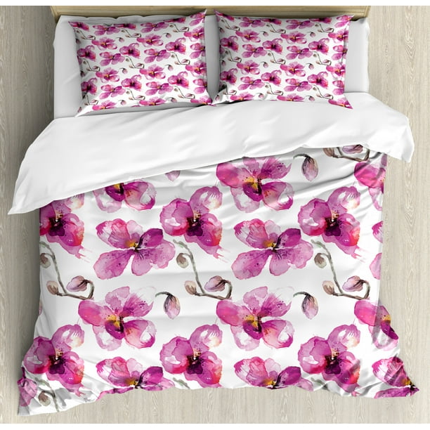 Watercolor Duvet Cover Set Flowering Orchid Branches Spring Time