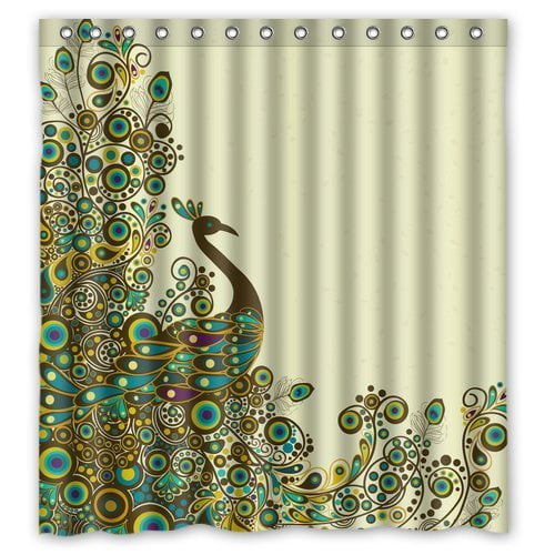Shower Curtain With Hooks Beautiful Colorful Peacock Pattern Fabric Waterproof 