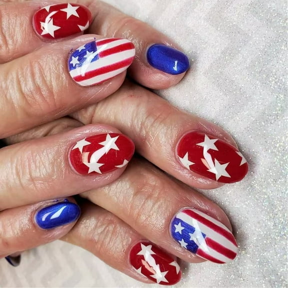 24x 4th of July Full Covers on Nails Short Oval False Nails Independence Day Press On Nails Star Artificial Nails