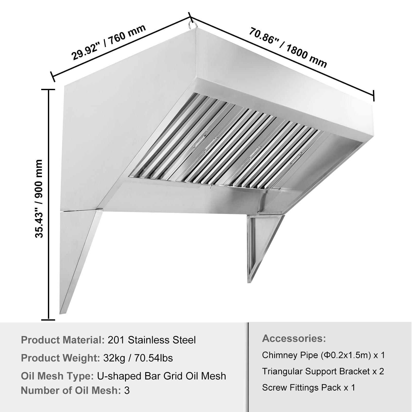 KFFKFF 6FT Commercial Exhaust Hood, 72in Commercial Stainless Steel Range Hoods Hood with 3 Removable U-shaped Grid Oil Filter Mesh 0.50HP for Restaurant, Food Trucks and Concession Trailers