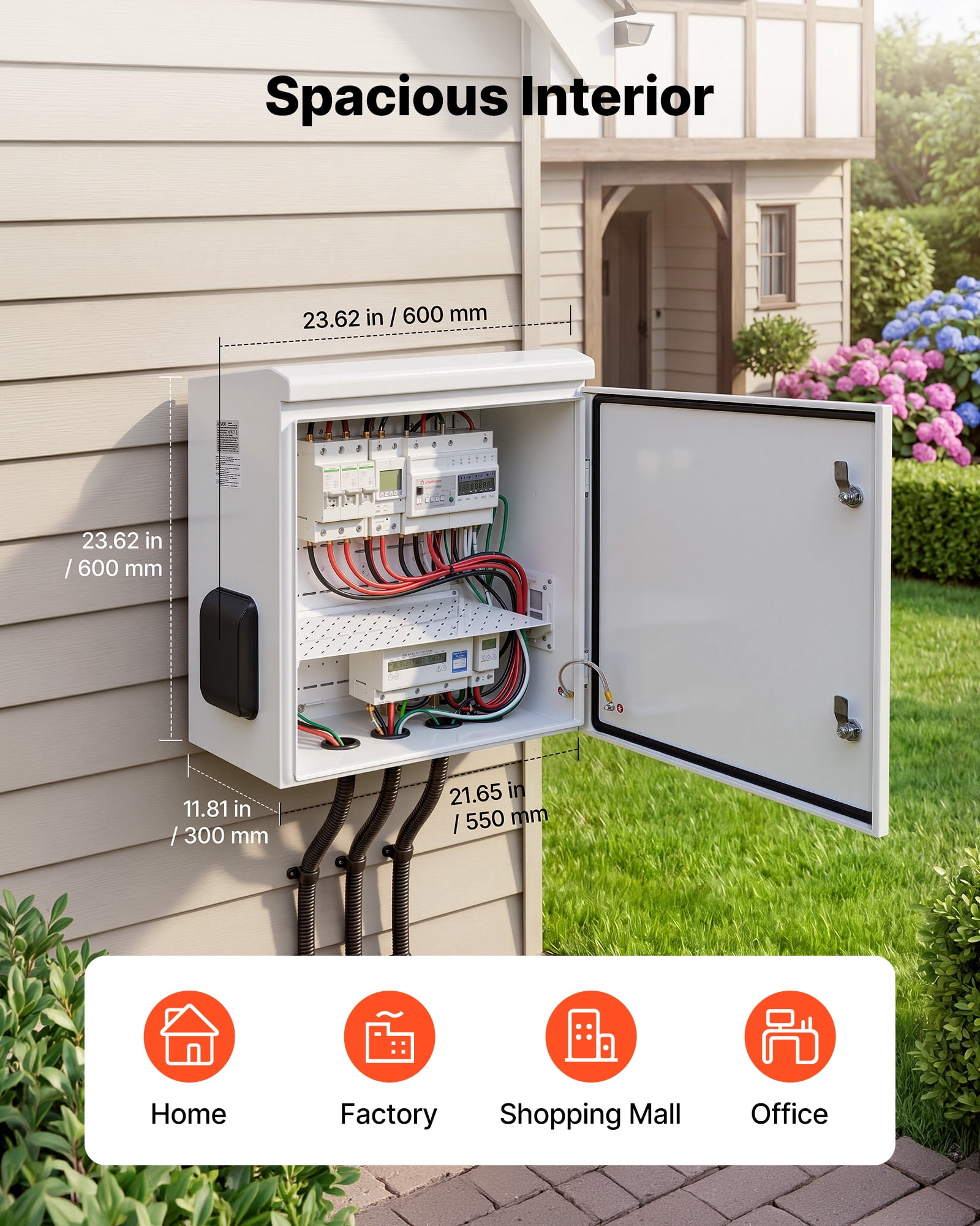 VEVOR Outdoor Electrical Box, Cold-Rolled Steel, Electrical Junction Box with Thermostat and Fan, Rain Hood, Ventilated Design, IP65 Waterproof Hinged Enclosure, Wall/Pole Mounted, 24 x 24 x 12 in