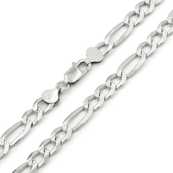 925 Italian Sterling Silver 7.5mm Solid Figaro Diamond Cut Chain, FREE Microfiber Cloth, ITProLux Pave Link Mens Womens Necklace, Giorgio Bergamo