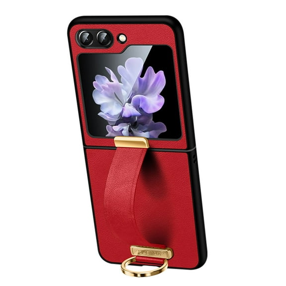 Wristband Case Samsung Galaxy Z Flip 5 2023, Metallic Premium PU Leather Comfortable grip Slim Shockproof Lens Durable Protection Case with Ring Wrist Strap for Samsung Z Flip 5, Red