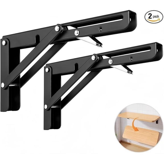 8'' Folding Shelf Brackets Max with Screws. Load 100 lb, Heavy Duty Stainless Steel DIY Wall Mounted Shelf Bracket Space Saving for Table Work Bench, Pack of 2