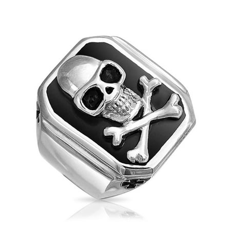 Mens Black Caribbean Pirate Skull And Cross Bones Rectangle Signet Ring For Men Silver Tone Stainless Steel