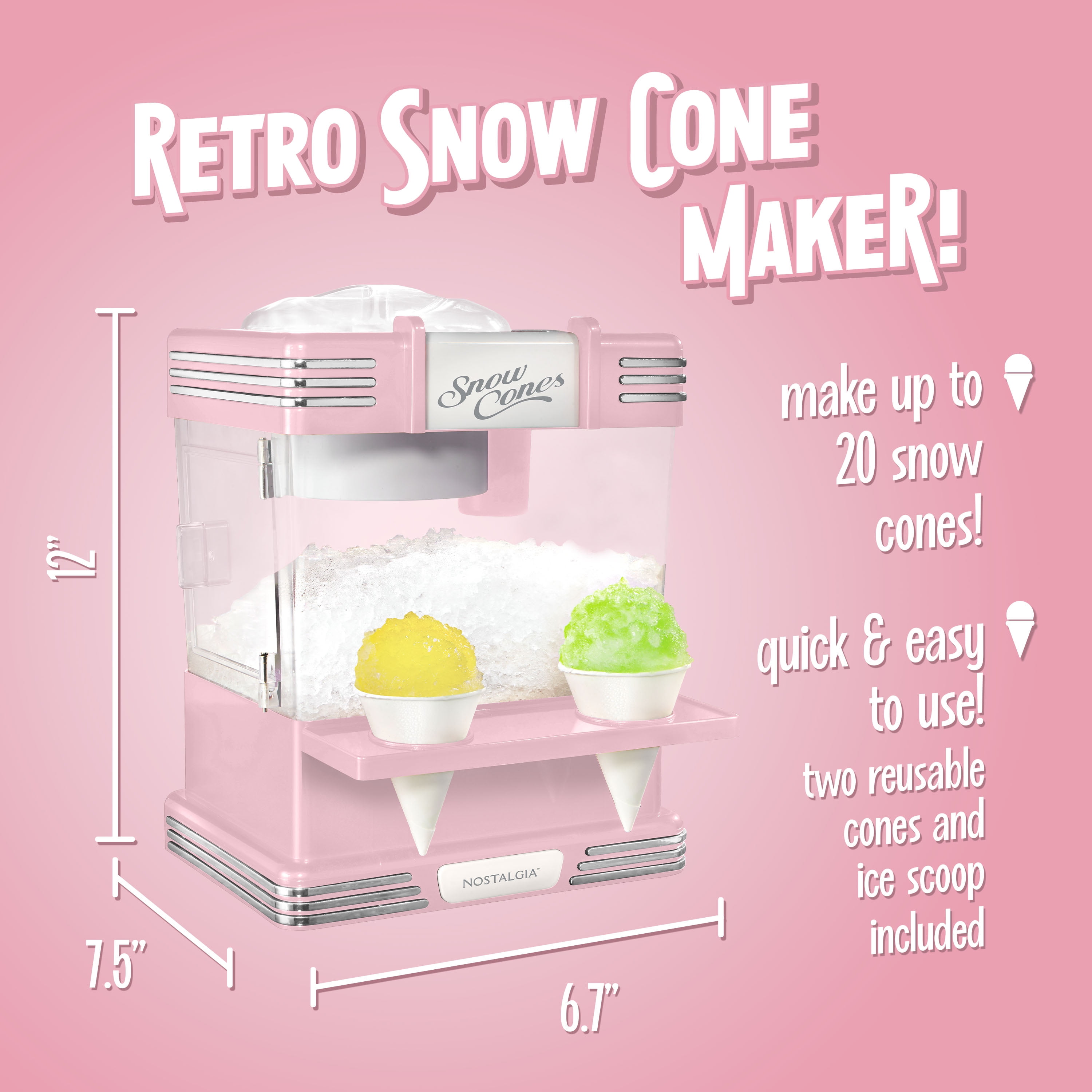Nostalgia Snow Cone Maker, Tabletop Shaved Ice Machine with 2 Reusable Cones and Ice Scoop, Pink