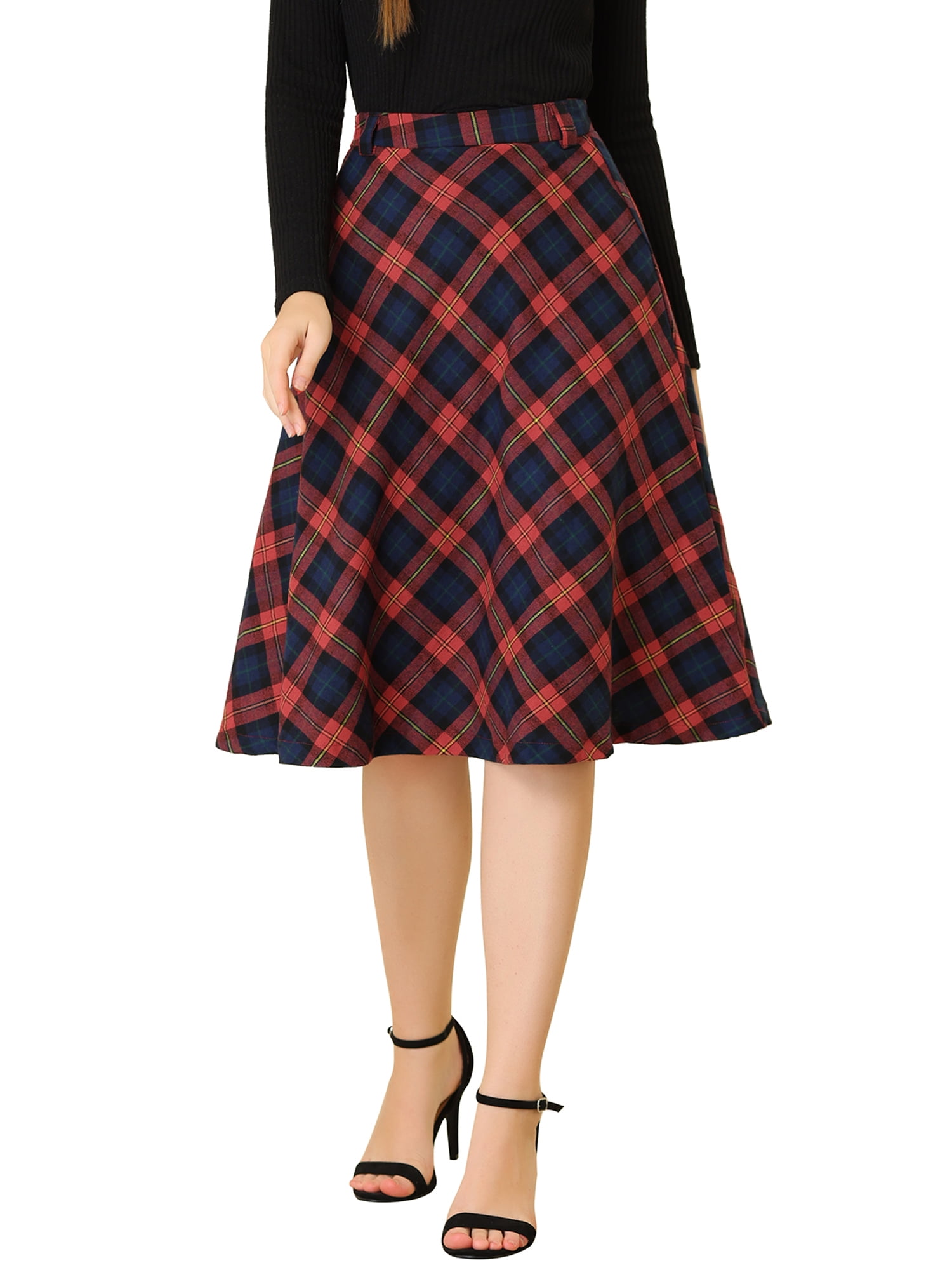 DARING DIVA Women's Plaid Belted Vintage A-Line Midi Skirt M Red Blue