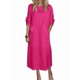 thumbnail image 2 of Womens Loose Fit Casual Solid Color Short Sleeve Linen Blend Midi Dress Summer Rose Red XXXL, 2 of 8