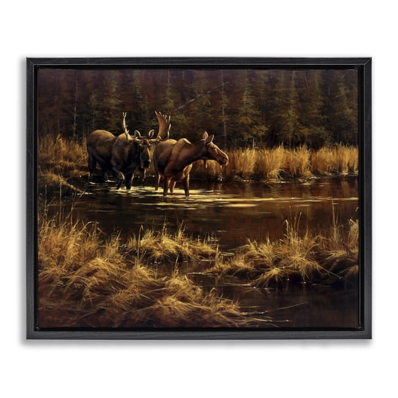 Stupell Industries Moose Pair at Stream Landscape & Nature Painting Black Floater Framed Canvas Art Print Wall Art, 21 x 17