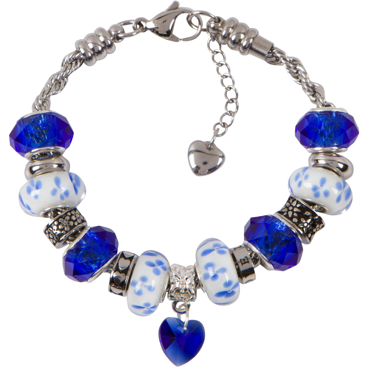 POWER CHARM BRACELET for Women & Girls, Steel Rope Chain and Sapphire Blue Hearts and Flowers September Birthstone... by The Knights Treasure