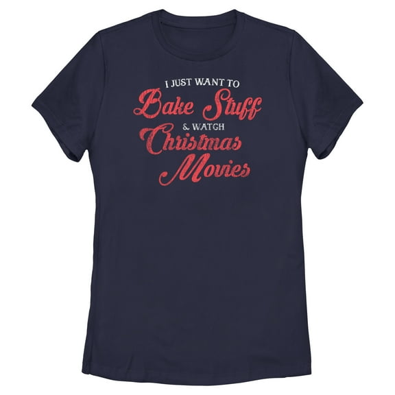 Women's Lost Gods Distressed Bake Stuff and Christmas Movies  Graphic Tee Navy Blue Small