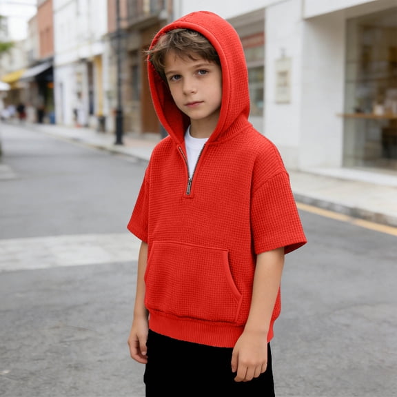 Boys Short Sleeve Hooded Sweatshirt,Waffle Knit Casual Pullover with Quarter Zip, Lightweight Hoodie for Spring Summer,Youth Kids Tops(Red,7_8 Years)