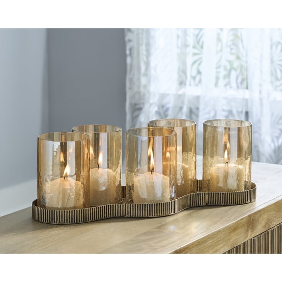 Signature Design by Ashley Evereton Candle Holder, Antique Gold Metal Base with Amber Glass, 5-Pillar Centerpiece