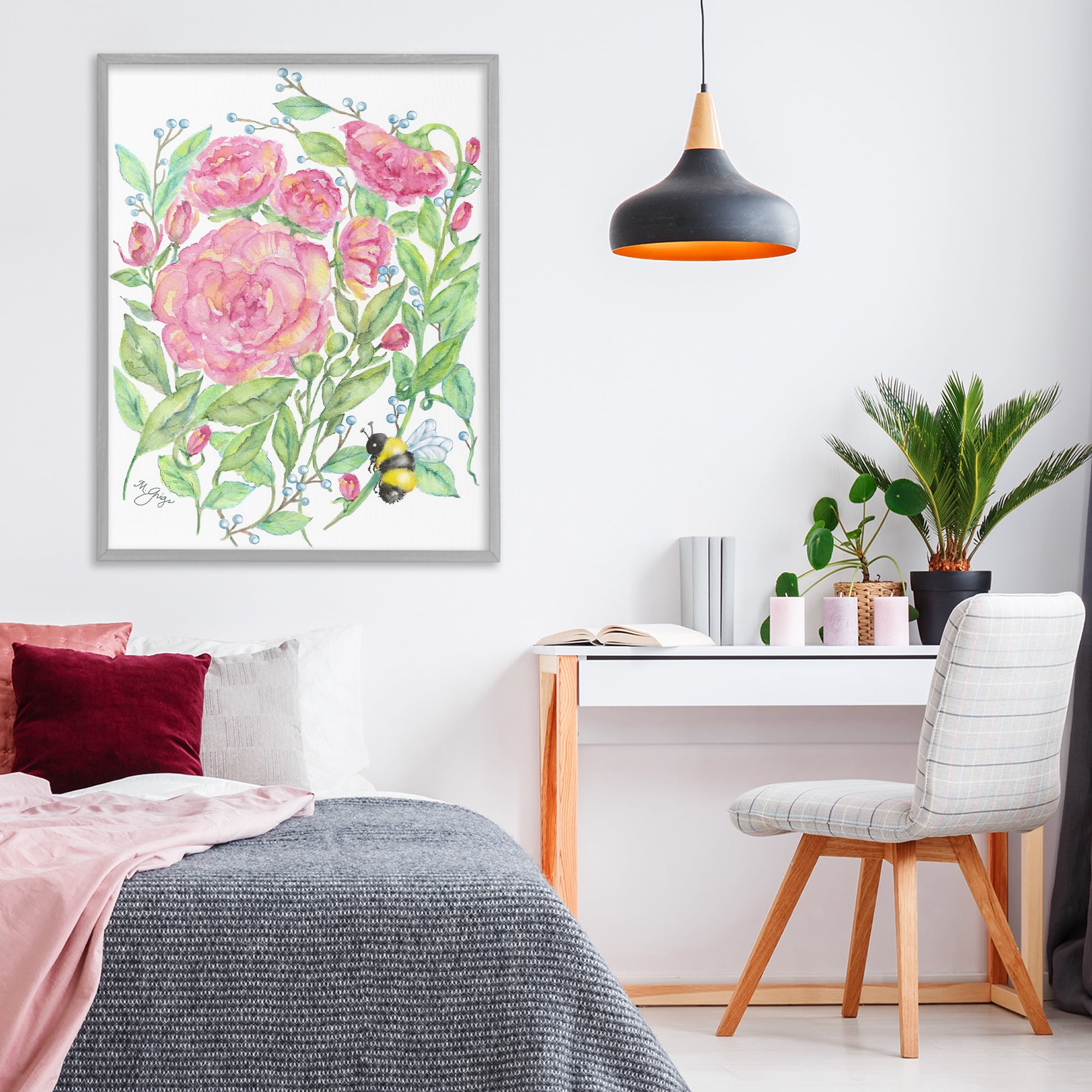 Stupell Industries Peony & Bumble Bee Gray Framed Giclee Art, design by Maureen Grigs