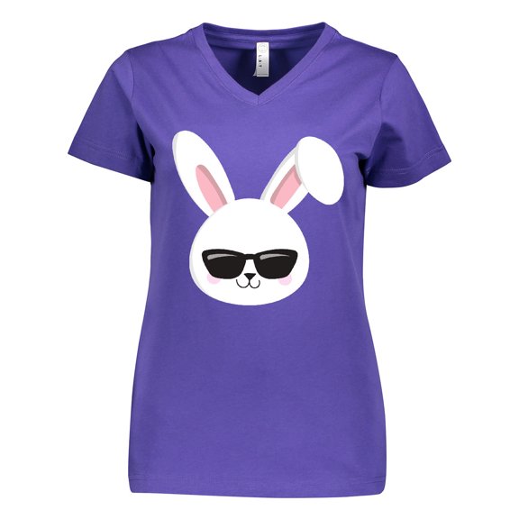 Inktastic Cute Bunny, White Bunny, Bunny with Sunglasses Women's V-Neck T-Shirt