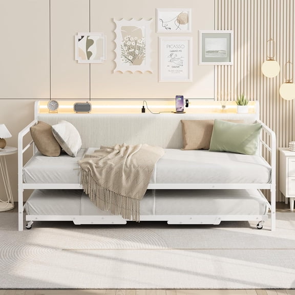 Daybed with Trundle and LED Light, Twin Size Bed Frame with Corduroy Upholstered Headboard and Charging Station, Sturdy Metal, for Living Room, Bedroom and Guest Room, White