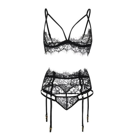 

DENGDENG Women s Plus Size Lingerie Set with Garter Sexy Hollow Out Teddy Babydoll 3 Piece Eyelash Lace Strappy Bra and Panty Set