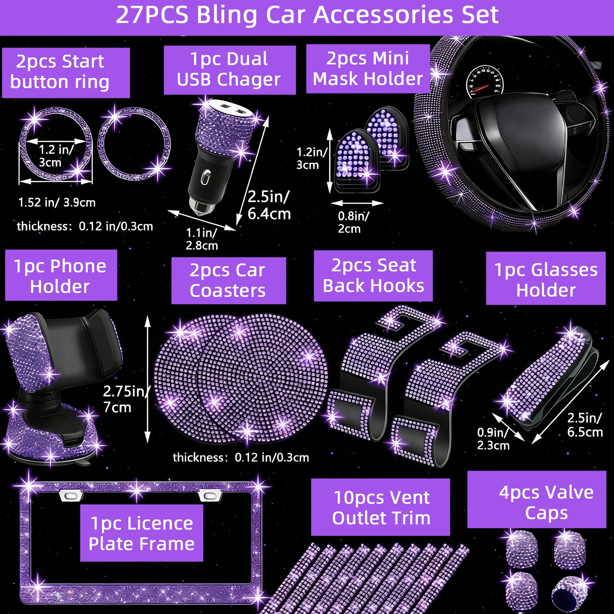 Laptom Max Purple, 1 mm, Universal Fit Cover, Rhinestone Steering Wheel Cover