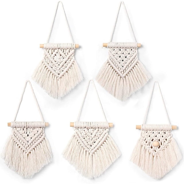 Juego de 5 mini tapices de macramé para decoración de pared, hechos a mano, con borlas para el hogar, el apartamento y la oficina, perfecto acento bohemio chic