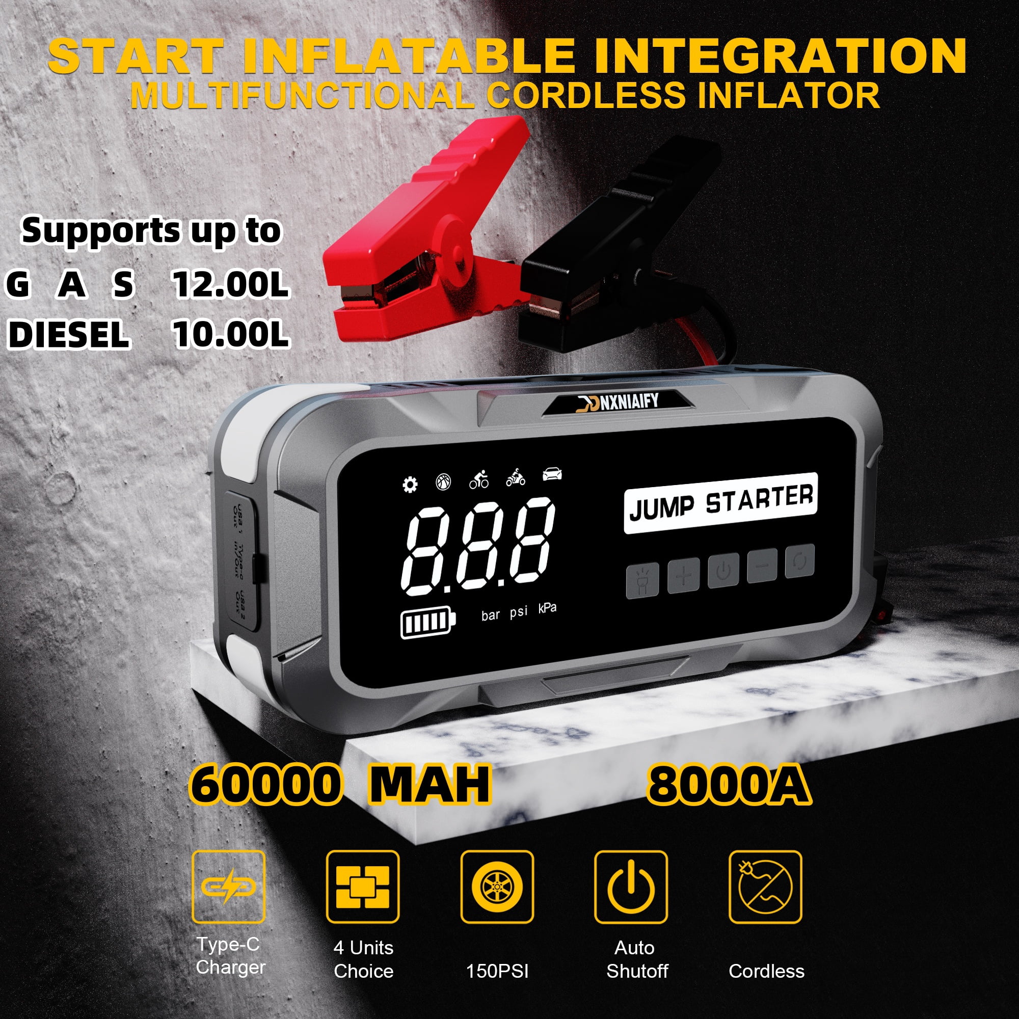 Jump Box Starter for Car,Portable Battery Jump Box Starter with Air Compressor,8000A Jump Starter with 60000MAH,12VBattery Booster Pack with 150PSI Digital Tire Inflator