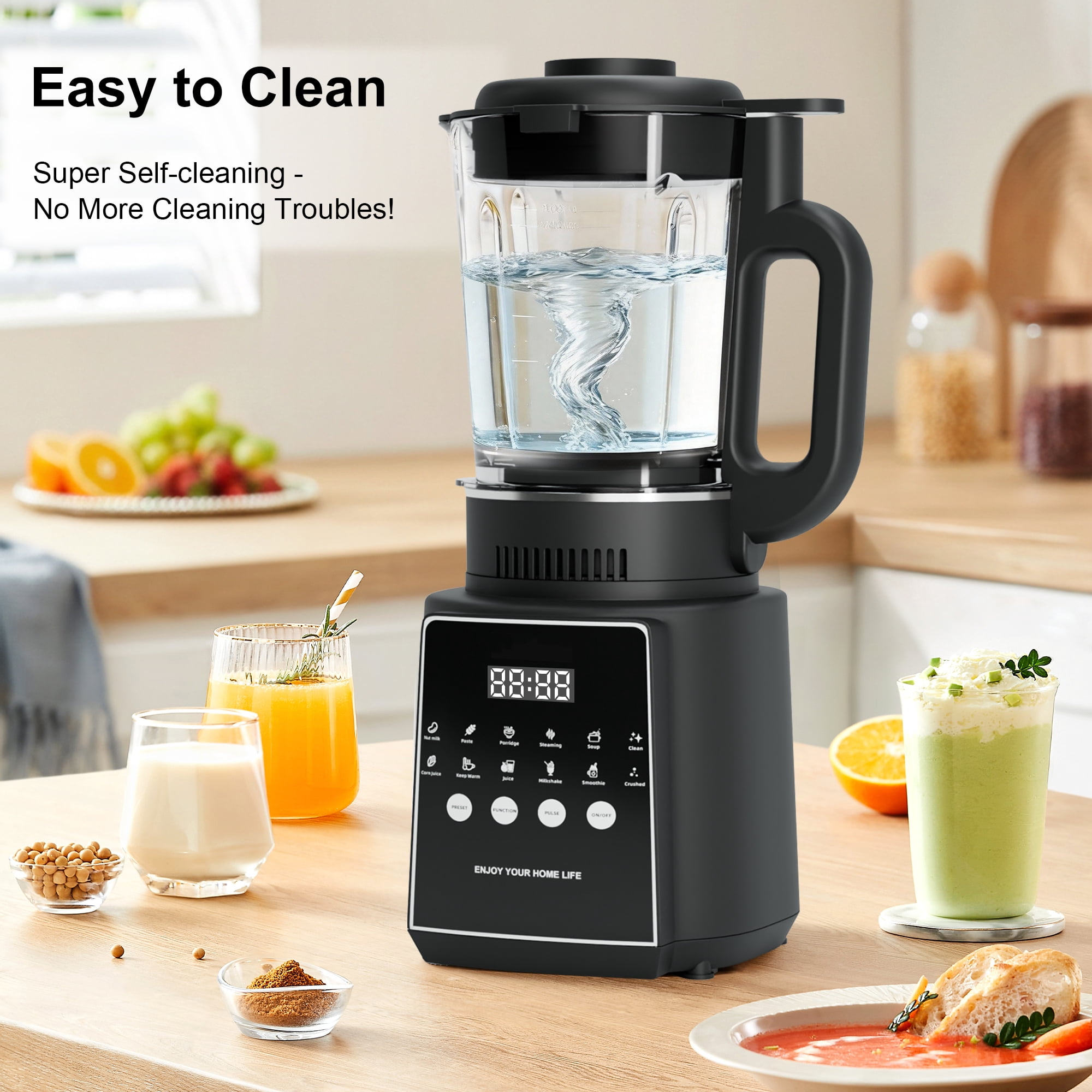 Blender for Kitchen, 55oz Countertop Blender 1200W Peak Power with Ice Crush & Smoothie Functions, Self-Cleaning Food Processor, Stainless Steel Blades, Black