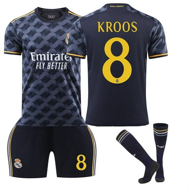 2324 Camiseta de fútbol visitante del Real Madrid No. 7 Vinicius 5 Bellingham 10 Modric conjunto de camisetas para niñosKroos talla 8 con calcetines a juego