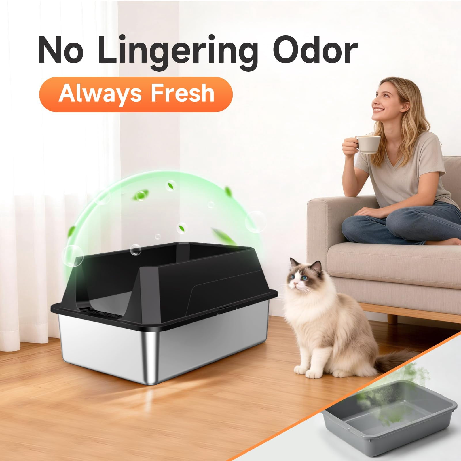 Stainless Steel Litter Box With High Sides Lid  Xl Sided Cat Pan Open Top Extra Large Metal Non-stick Leakproof Scoop Included Black