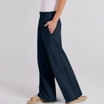 thumbnail image 2 of Arnsht Women's Solid Color Office Business Casual Pants High Waist Wide Leg Straight Dress Cotton Linen Pants Button Trousers Blue L, 2 of 8