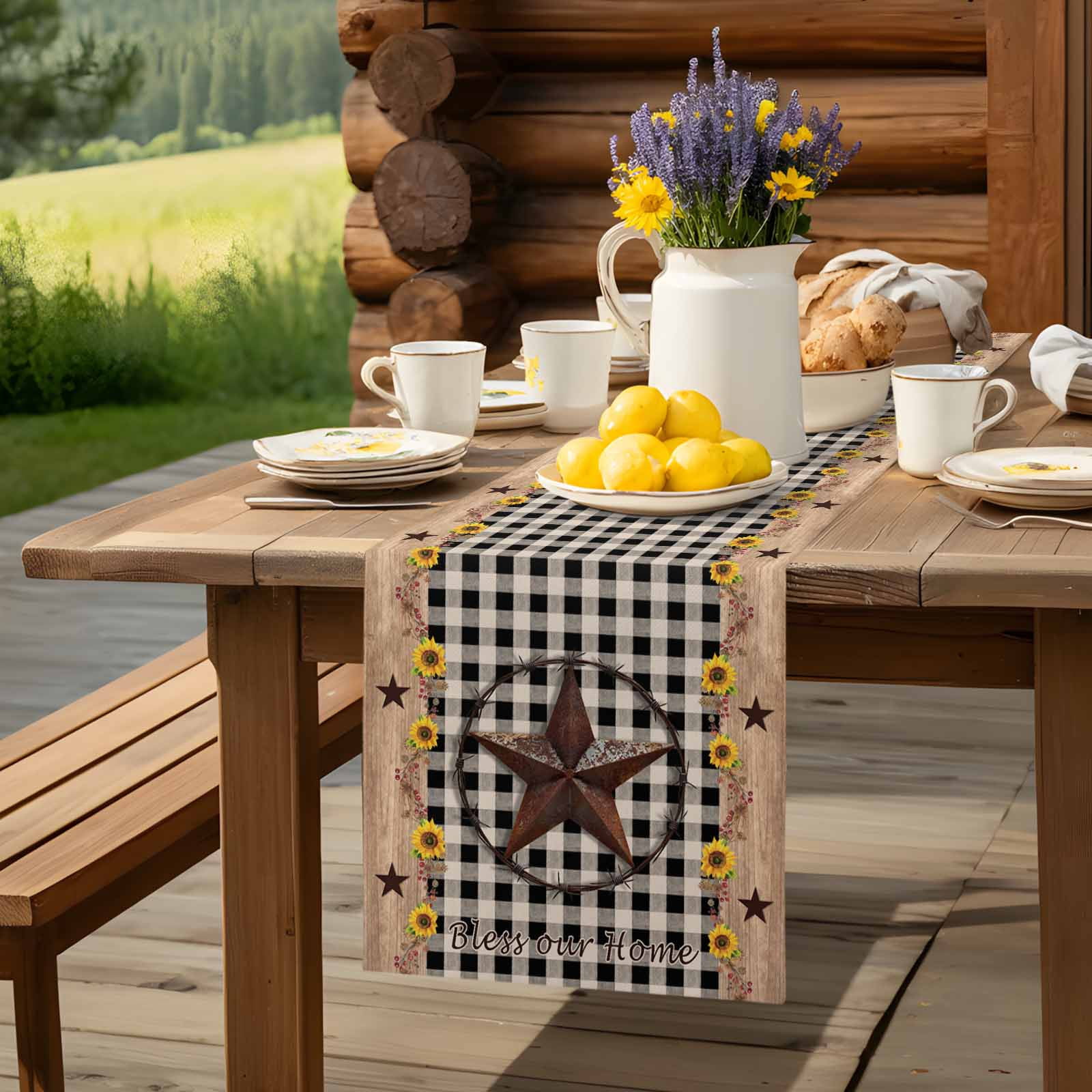 Farm Star Sunflower Wood Grain Table Runner 90 Inches Long, Black Buffalo Plaid Table Runners Tabletop Scarf Kitchen Dining Tables Decoration for Home Party Indoor Outdoor