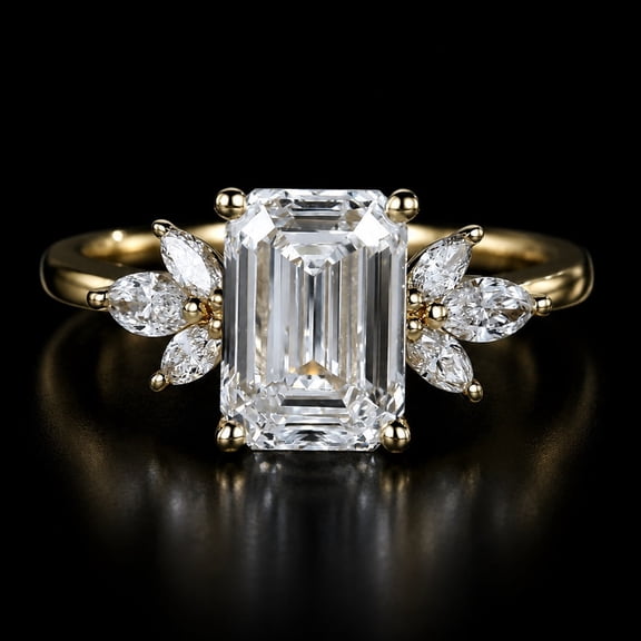 Diiro Emerald Cut Moissanite Diamond Ring 14K Vermeil Yellow Gold Floral Side Stones Engagement Anniversary Design Jewelry Gift for Women