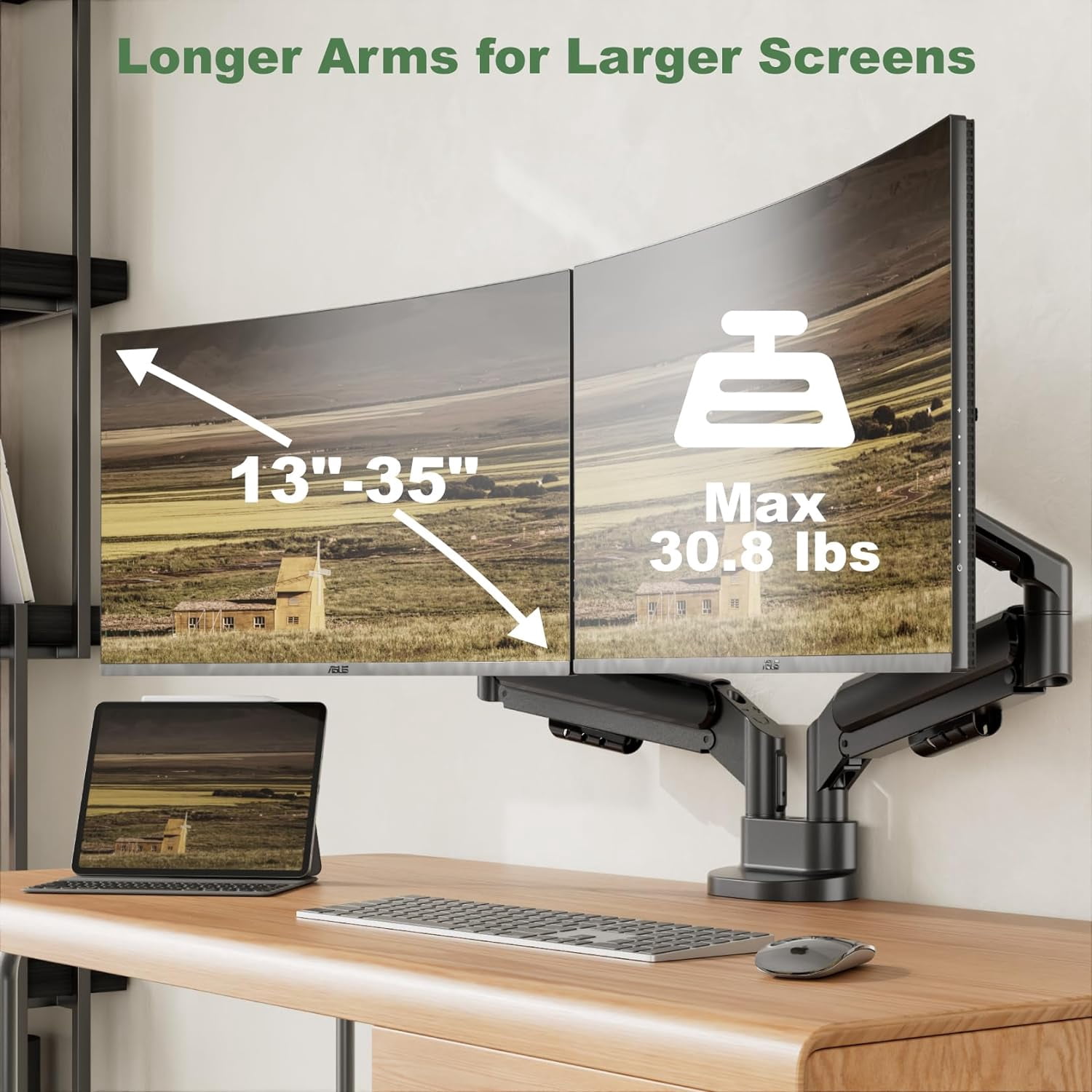 Dual Monitor Mount for Two Ultrawide Screens 13-34 Inch, Full Motion Gas Spring Arms with VESA 75/100mm, Desk Clamp & Grommet Base,  Management, Holds  to 26.4lbs Each