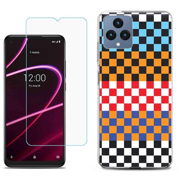 Slim-Fit Gel TPU Fashion Phone Case for T-Mobile Revvl 6 5G, with Tempered Glass Screen Protector, by OneToughShield ® - Colorful Checker