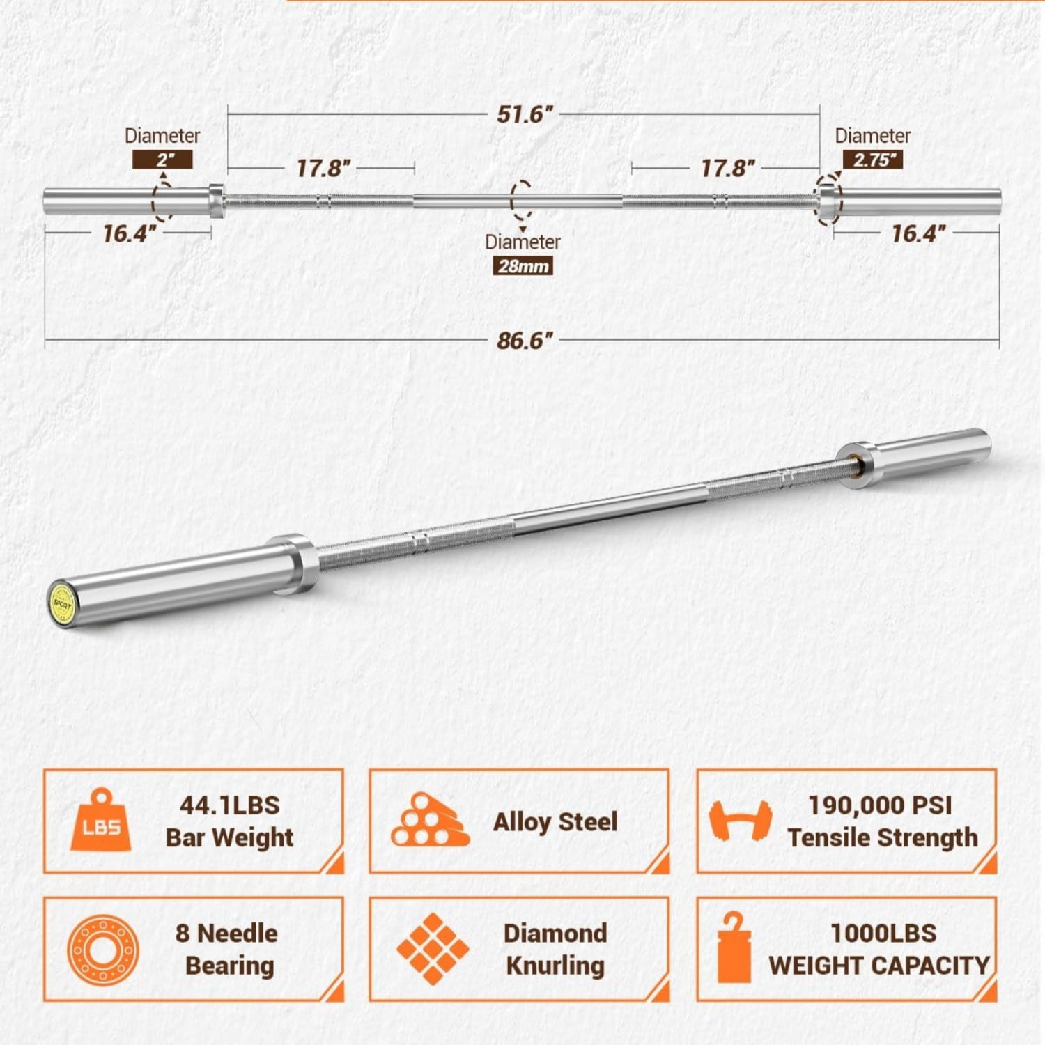 Riedhoff 2 inch x 7 ft Olympic Barbell Bars, for Weightlifting & Powerlifting, Silver