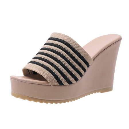 

Fsqjgq Womens Slippers with Back Knit Casual Fish Ladies Wedge Fashion Fabric Slippers Platform Heel Striped Mouth Women s Slipper 2 Strap Heels Beige 37