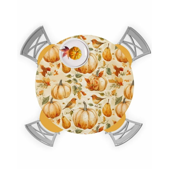 Round Fitted Tablecloths Thanksgiving Orange Pumpkin Waterproof Table Cover for Kitchen Dining Party Decor Fall Maple Leaves Seamless,36"-44"