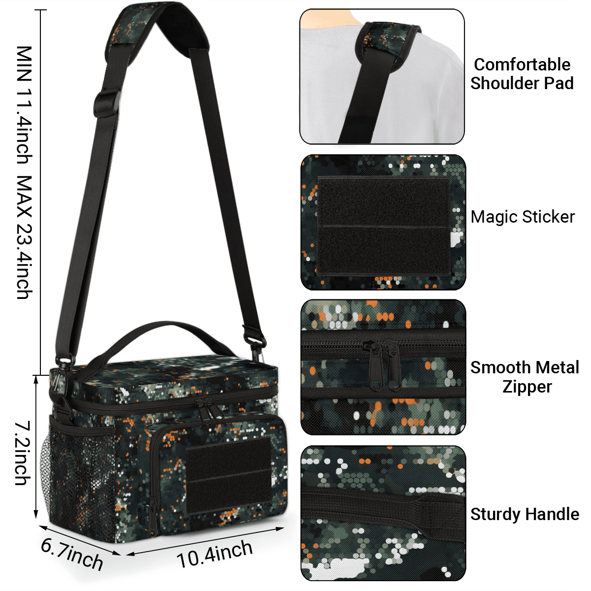 Tactical Lunch Bag 10.4" Insulated Cooler Bag for Adults with Shoulder Strap,Camouflage Meal Prep Bag with Multiple Pockets,Durable Water-Resistant Work Lunch Box