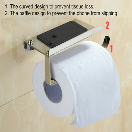 Bathroom Tissue Holder With Phone Shelf, Angle Simple SUS304 Stainless Steel Toilet Paper Holder With Shelf Toilet Roll Bath Paper Roll Holder Shelf For Wet Wipe Home Commercial