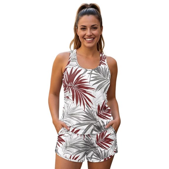 Chririnla Grey Red Palm Leaves Swimsuit Bathing Suits Shorts for Women Tummy Control Tankini Swimsuits Swim Tank Top Shorts for Swimming Pool Summer Beach Vacation Gym 2 Pieces