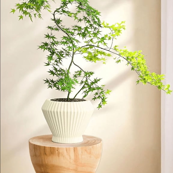 19.6cm x 15.8cm Ribbed Cream Ceramic Flower Pot