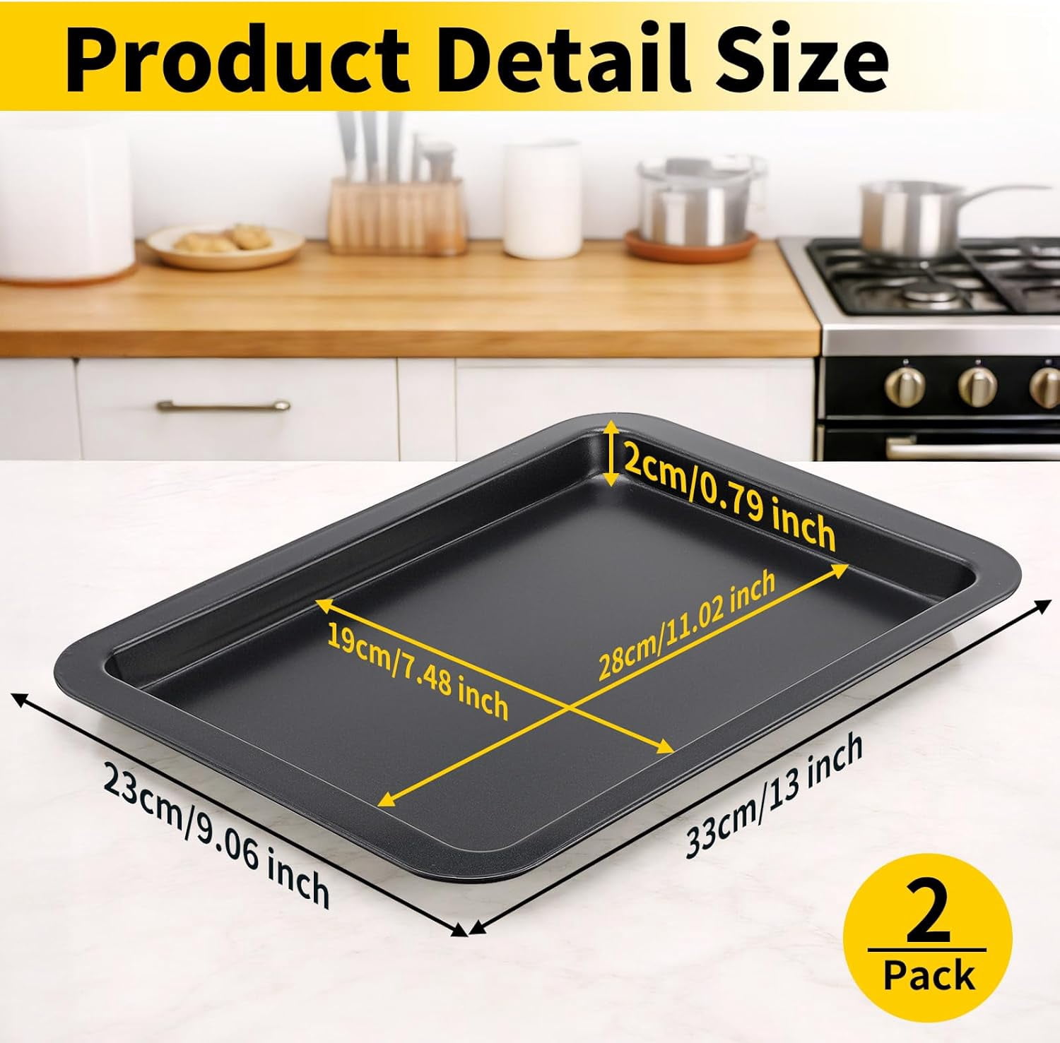 Cookie Sheets for Baking, 2 Pack 13x9 Inch Black Baking Pans Tray, Nonstick Carbon Steel Cookie Pan Sheet for Oven Roll Cake Brownie, Cooking, Roasting, Serving