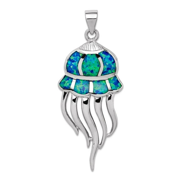 925 Sterling Silver Rhodium Plated Simulated Blue Opal Jellyfish Pendant Necklace 44x16.9mm Wide 2mm Thick Pendant for W